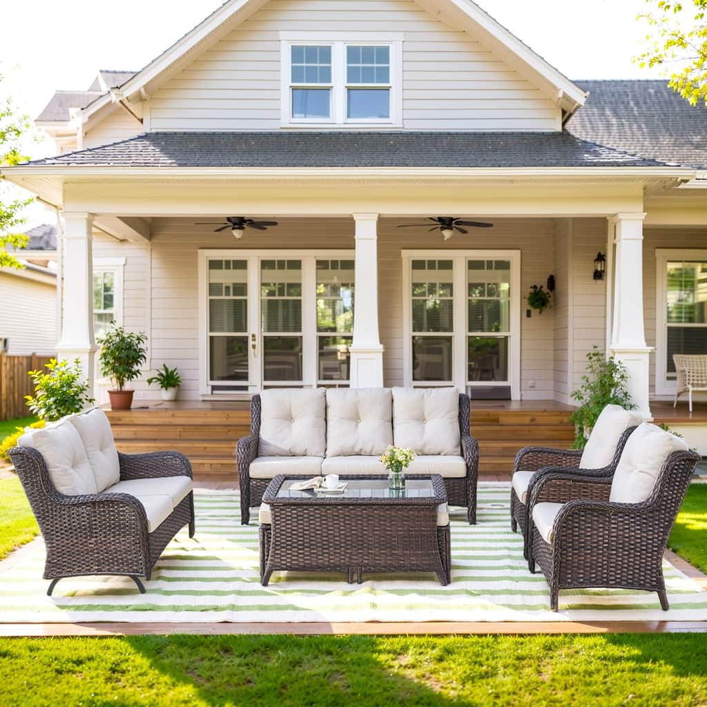 Outside Glider Sofa with Patio Chair and Sofa Ottomans - Beige cushion - Brown