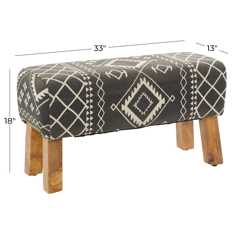 Black Wood Tribal Bench with Wood Legs - 33 x 15 x 18