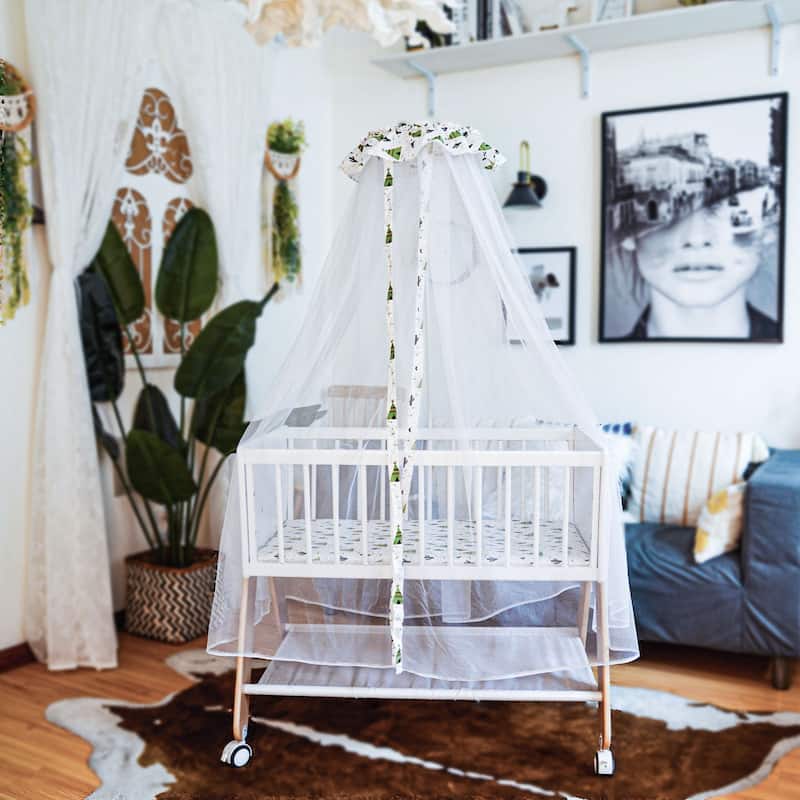 Wooden Bedside Bassinet Sleeper, Safe Stylish Baby Crib Bassinet with Locking Wheels Mosquito Net - White