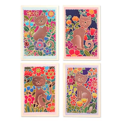 Novica Handmade Blooming Felines Cotton And Paper Greeting Cards (Set Of 4)