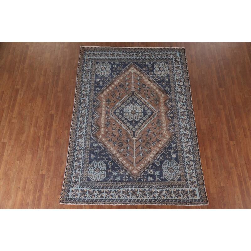 Hand Knotted Oriental 100% Wool Carpet Traditional Tribal Navy Blue & Blues Heriz Area Rug - 9' 6'' X 6' 7''