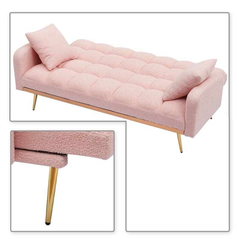 Classic Teddy Fabric Upholstered Convertible Futo Sofa Bed with 2 Throw Pillows