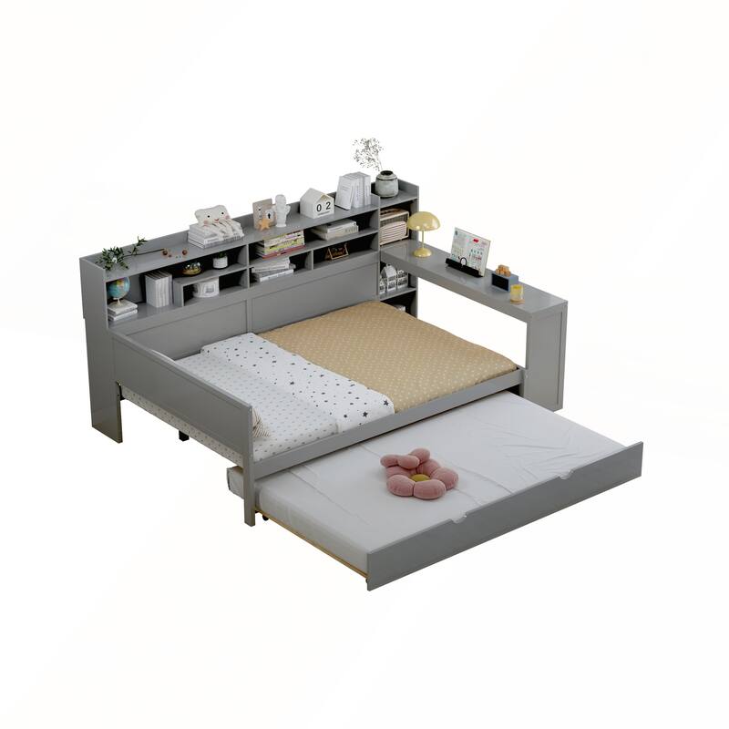 Multi-functional Wooden Full Size Daybed with Twin Size Trundle Bed and Study Desk