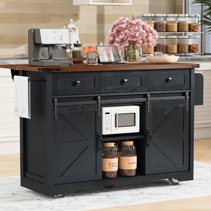 Farmhouse Kitchen Island with Power Outlet, Sliding Barn Doors, Drop Leaf, Spice Rack, and Rolling Wheels - Black
