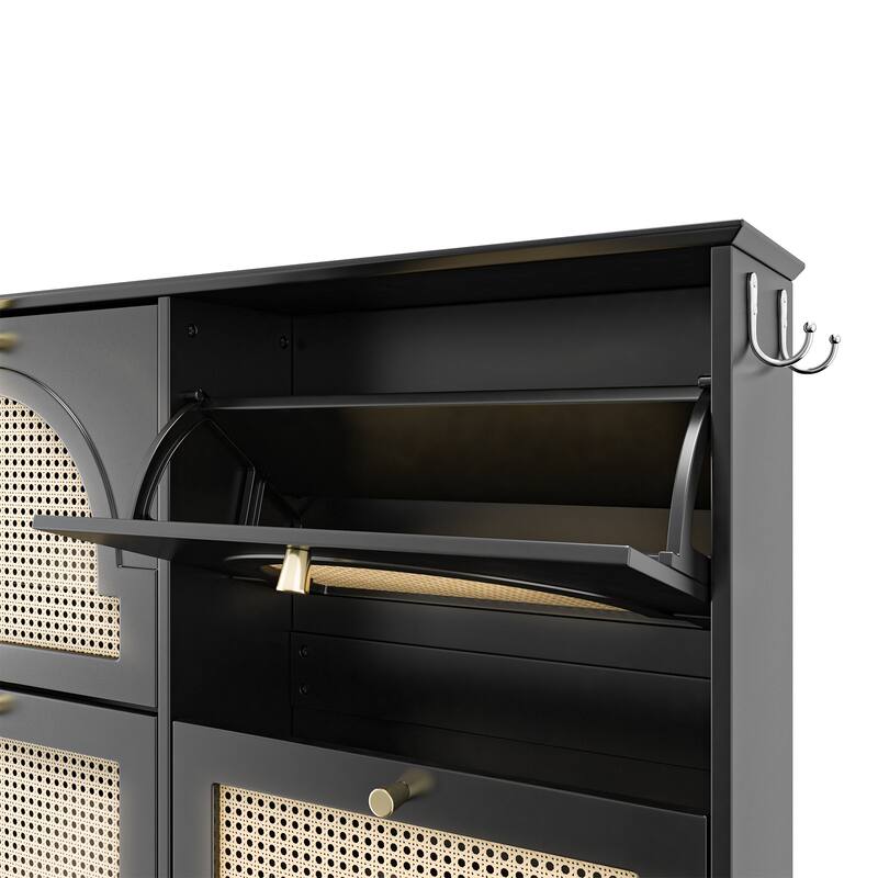 Mid-Century Narrow Tipping Bucket Shoe Cabinet with 4 Flip Drawers and Rattan Doors - 42.1" W × 8.3" D × 35.4" H