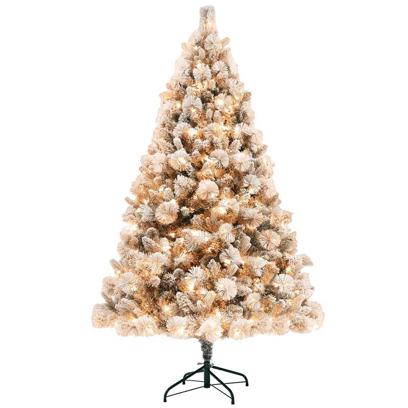 6.5/7FT Pre-Lit Snow Flocked Artificial Hinged Christmas Tree with Clear Lights & Metal Stand