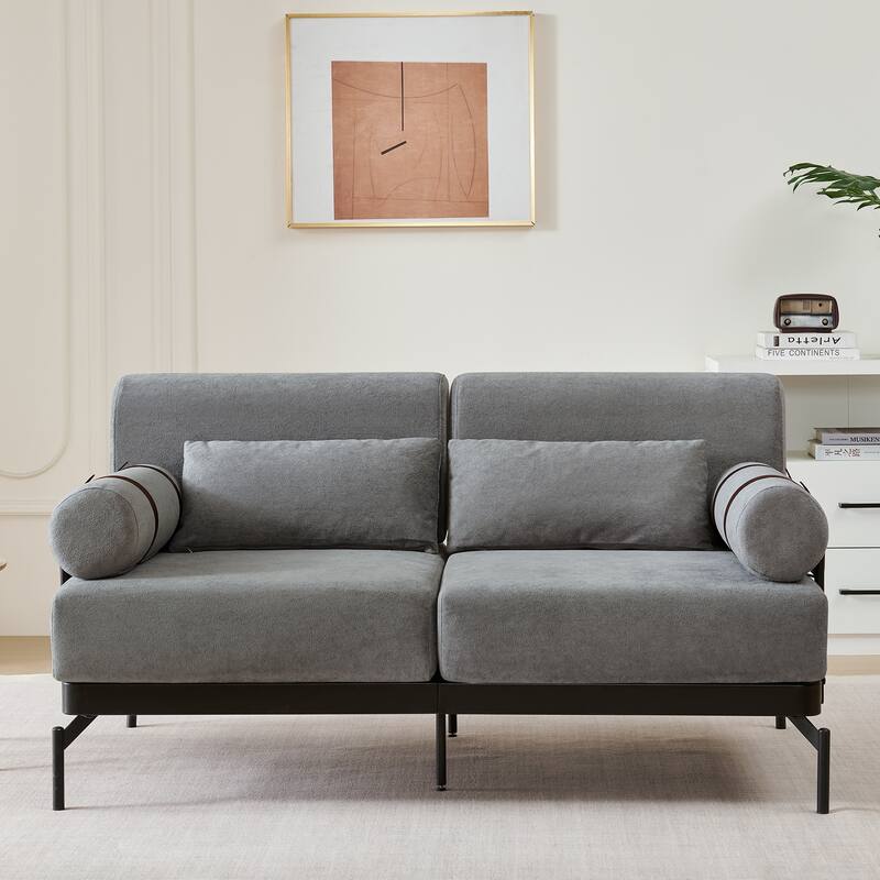 59" 2-Seater Grey Chenille Loveseat Sofa with USB Ports and Cylindrical Armrests