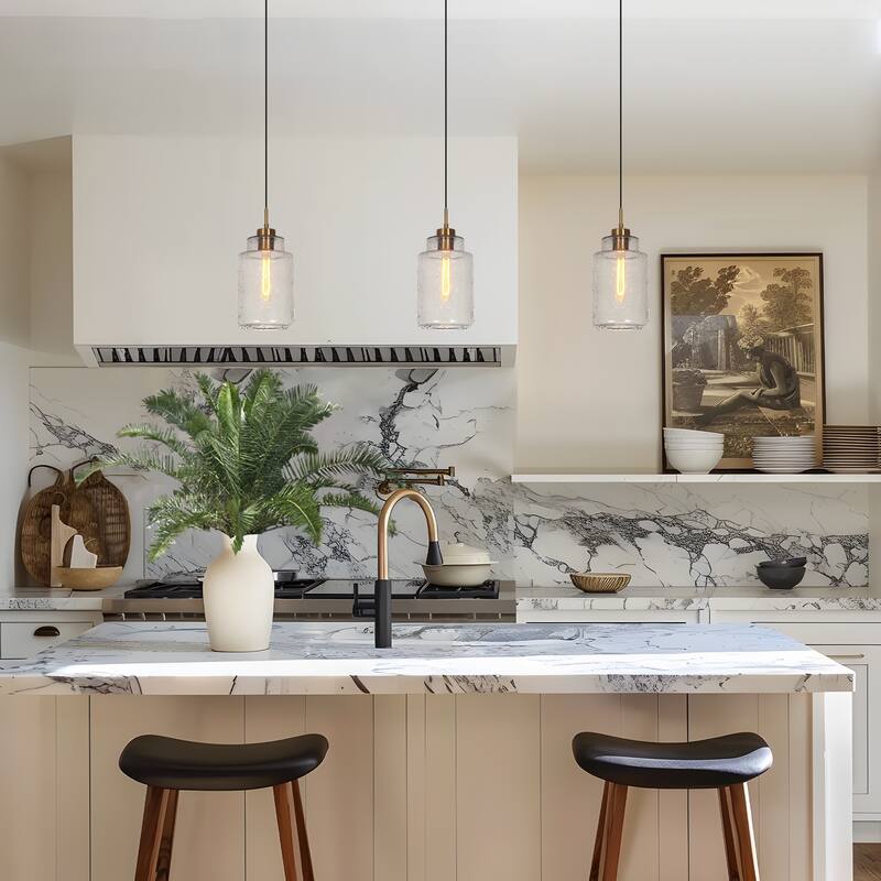 Modern 1-Light Cylinder Grey Water-Ripple Glass Kitchen Island Large Pendant Light for Dining Room - 6.5 " D × 14.5 " H