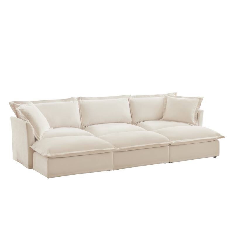 120" Chenille 3-Seater Sofa Set with 3 Ottomans, Sleeper Function & Removable Slipcovers