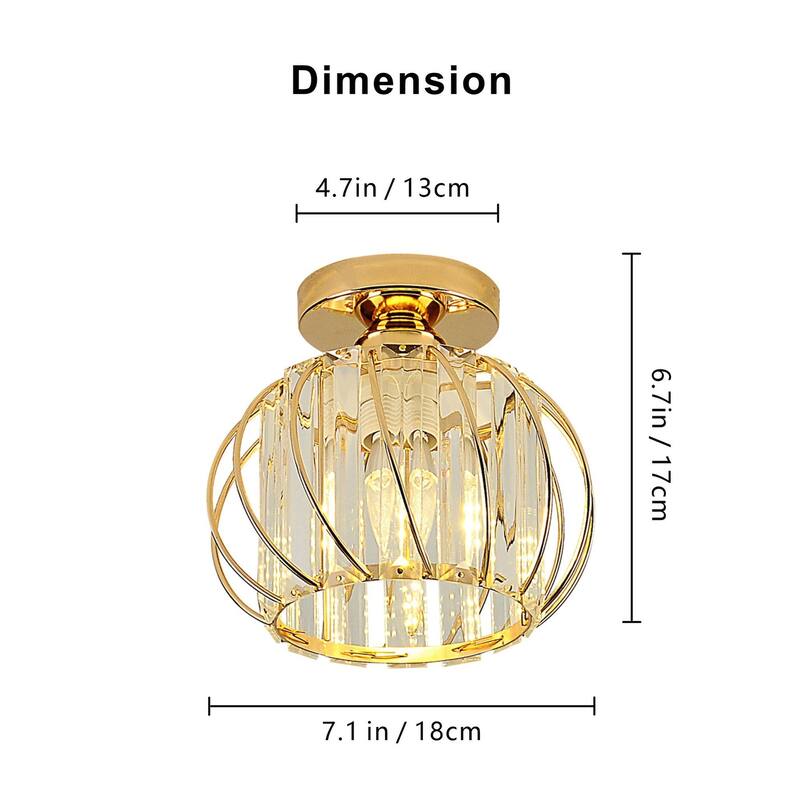 YANSUN Gold Metal Semi-Flush Mount Light with Crystal Shade, E26 Socket for Timeless Décor - 7.1*7.1*6.7