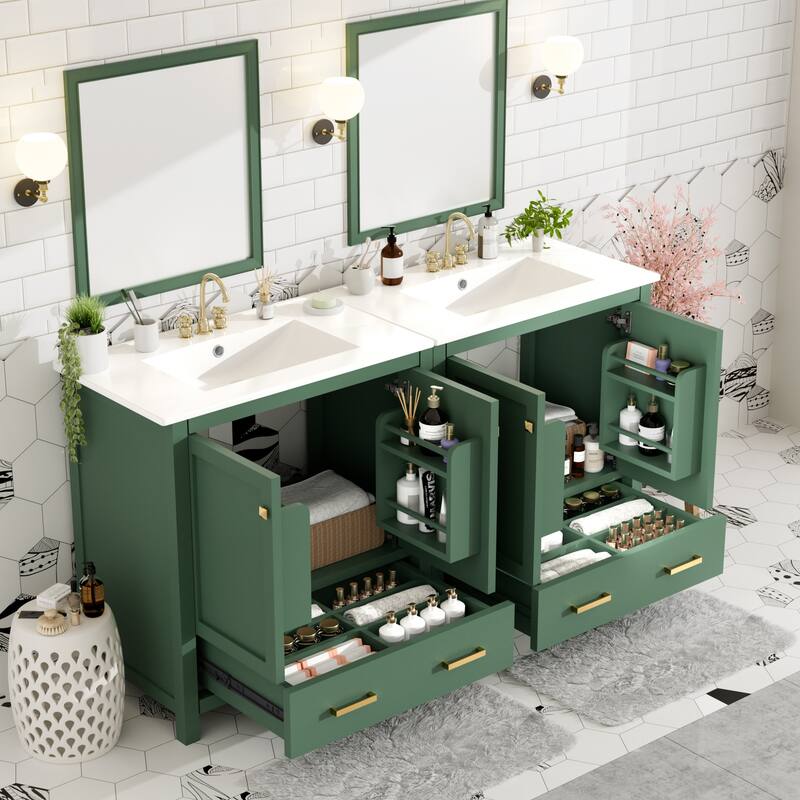60" Green Bathroom Vanity Set with Double Vanities (Separate), Double Ceramic Sinks,Storage Shelf,and Divided Drawers