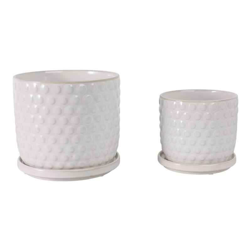 Ceramic Planters with Textured Bubble Surface and Saucers (Set of 2) - 8" x 8" x 7"