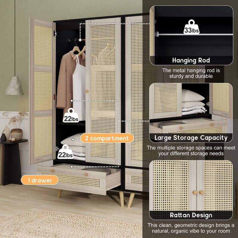70.8" Tall Armoire Wardrobe Closet with Rattan Doors & Drawer, Boho Clothes Storage Cabinet with Hanging Rod for Bedroom