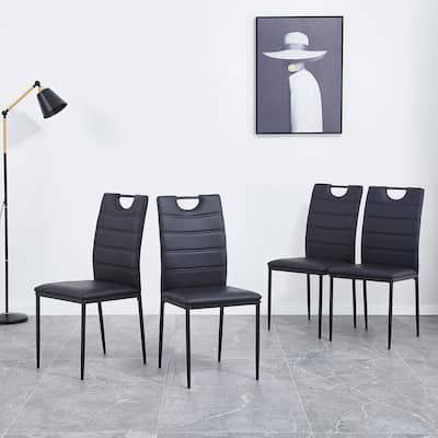 Set of 4 Leather Dining Chairs - High Back, Cushioned, Painted Metal Legs (Black)