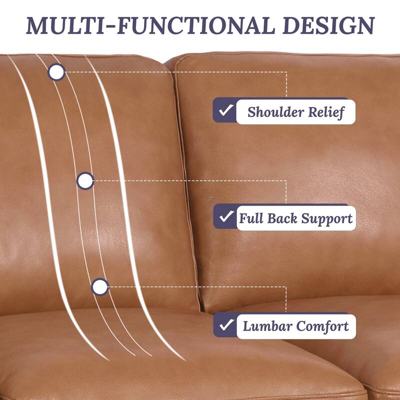 Oversized Genuine Leather Sofa with Plush Feather Cushions, Square Arms, and Sturdy Block Legs