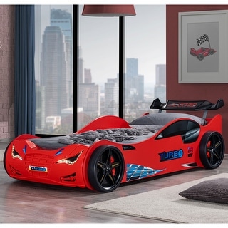 Furniture of America Rilven Modern Red Twin Race Car-Shaped Platform Bed with LED Headlights