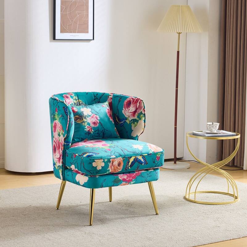 Mid Century Modern Upholstered Reading Chair with Lumbar Pillow, Gold Metal Legs, Small Space Friendly for Living Room Bedroom