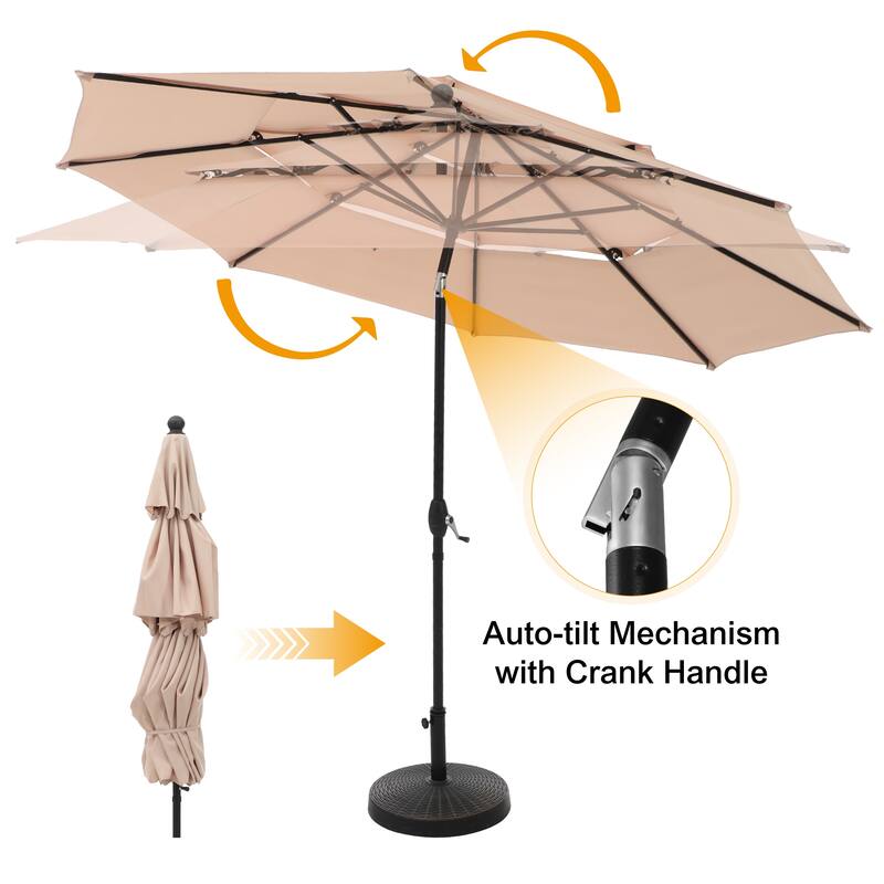 PHI VILLA 10ft 3 Tier Autotilt Patio Umbrella Outdoor Double Vented