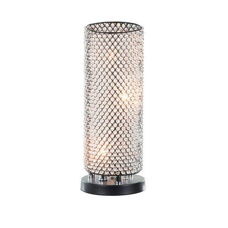 16 Inch Table Lamp, Crystal Cylinder Shade, Metal Mesh, Antique Bronze - Bronze, Clear