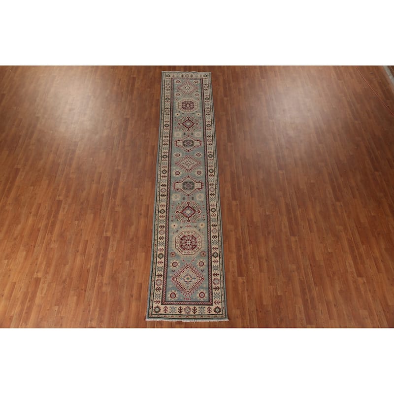 Light Blue Kazak Runner Rug Hand-Knotted Traditional Wool Carpet - 2'8" x 13'4"