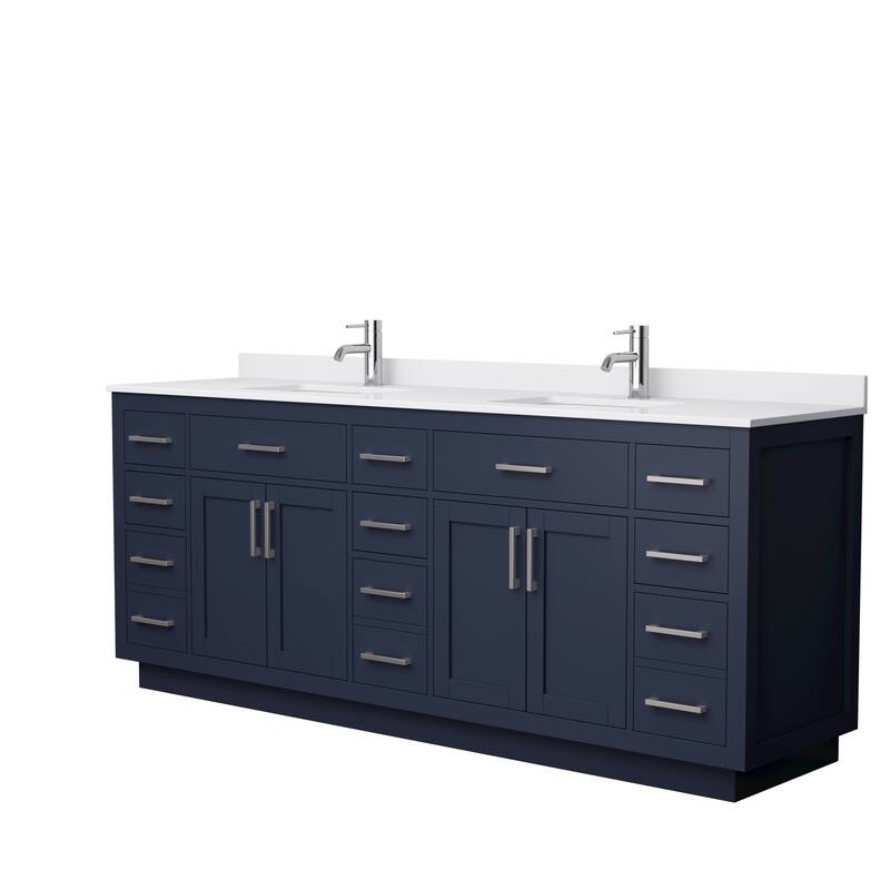 Beckett TK 84-inch Double Vanity, Cultured Marble Top - Dark Blue, Nickel Trim, White Cultured Marble Top