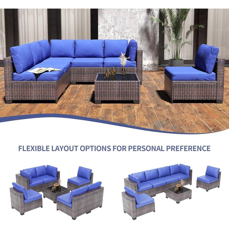 7 Piece PE Rattan Patio Conversation Set, All Weather Wicker Outdoor