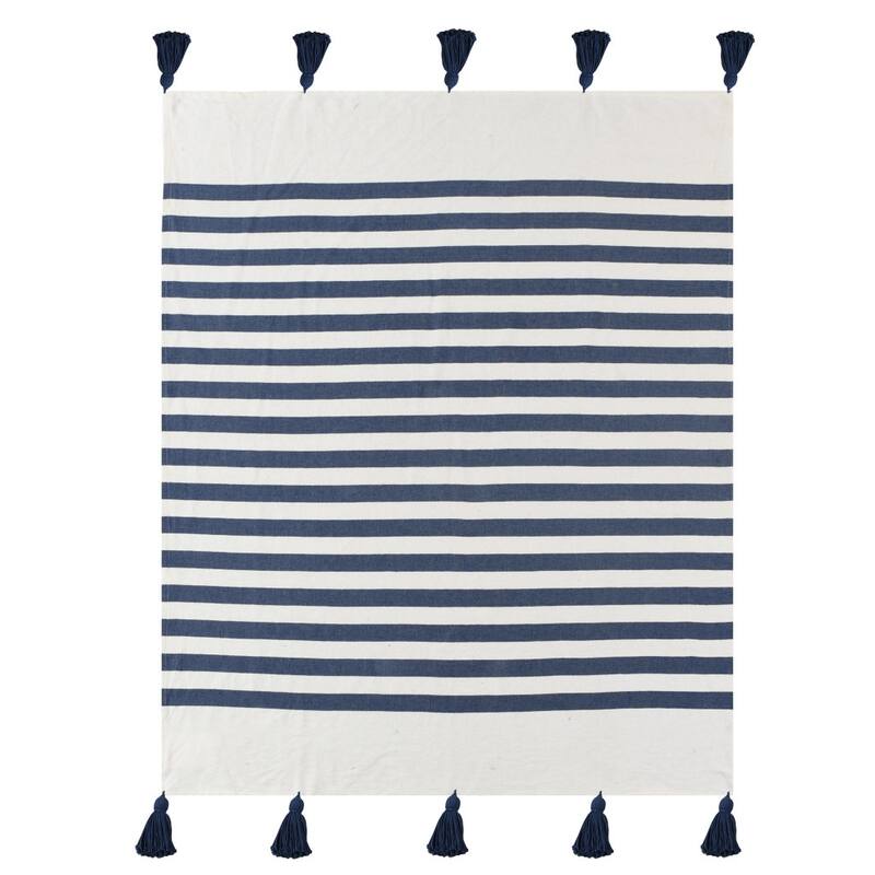 HomeRoots 50" X 60" Navy Blue And White Striped Cotton Throw Blanket