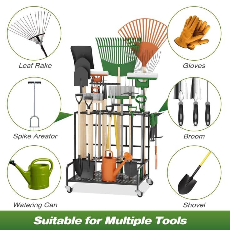 Garden Tool Organizer Rack with Wheels and 12 Hooks, Holds 39 Tools for Garage, Shed, Patio