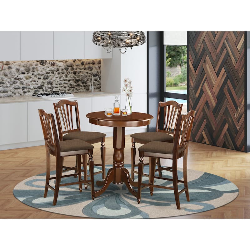 East West Furniture 5 Piece Counter Height Table Set- a Round Table with Pedestal and 4 Dining Chairs, Mahogany (Seat Option) - EDCH5-MAH-C