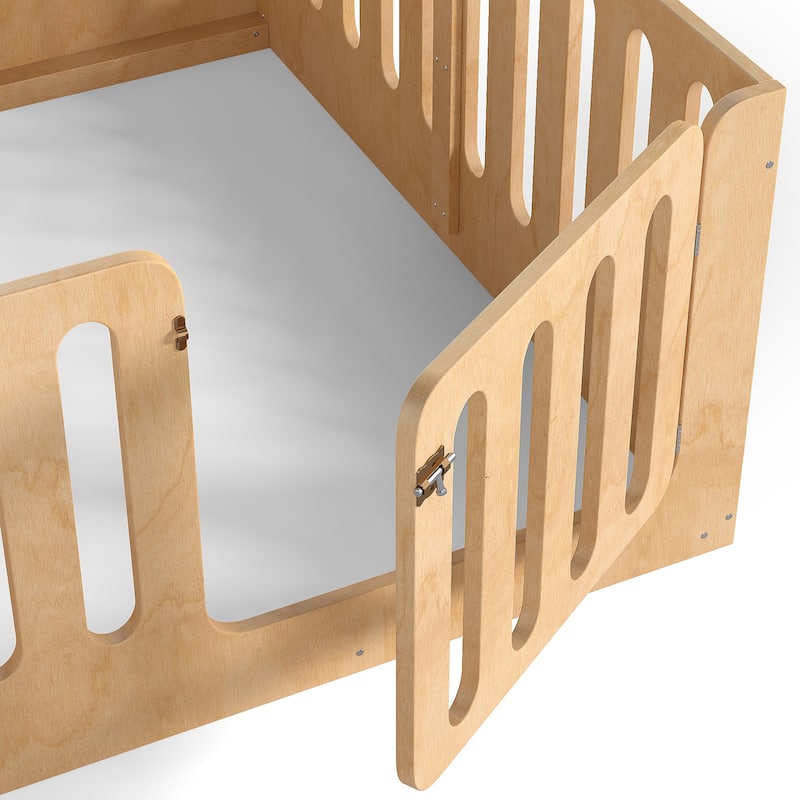 Toddlers Montessori Floor Bed with High Fence, Door, Low Profile Platform Bed Frame for Kids with No Box Spring Needed, No Slats