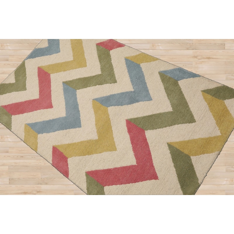 3x5 Oriental Rug with Chevron Patterns Ivory Wool Hand Tufted - 3' x 5'