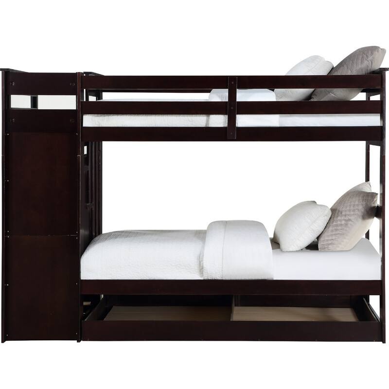 Classic Wood Twin Bunk Bed with Trundle, Storage Ladder, 5 Drawers, Brown