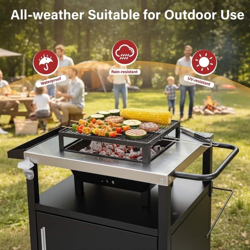 4-Wheel Black BBQ Cart With Stainless Steel Top, Single-Door Cabinet Grill Station - N/A