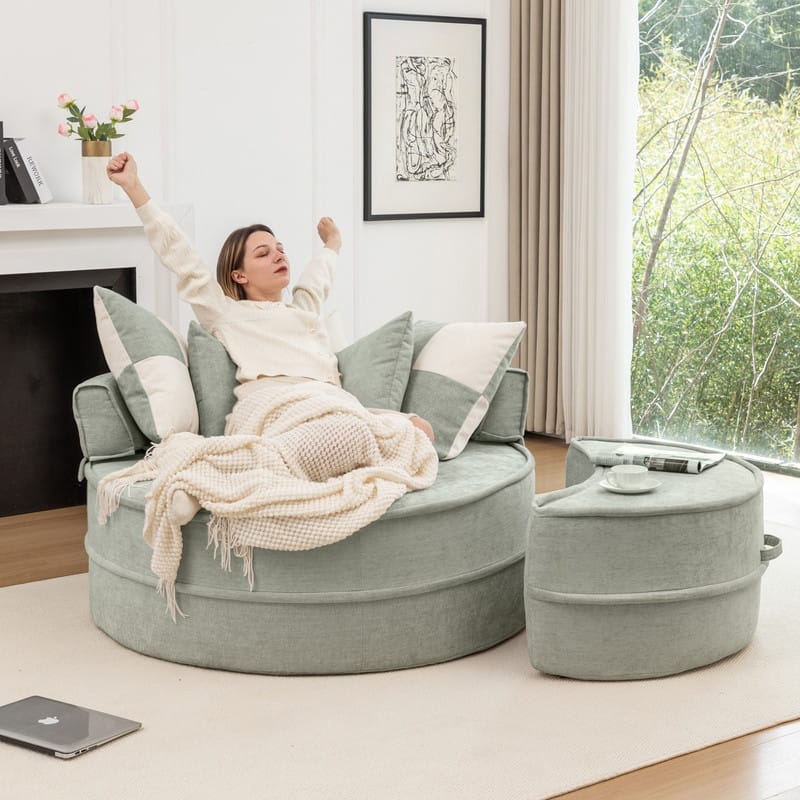 47.63" Round Lazy Fully Compression Sofa, Chenille, with Ottoman - Blue