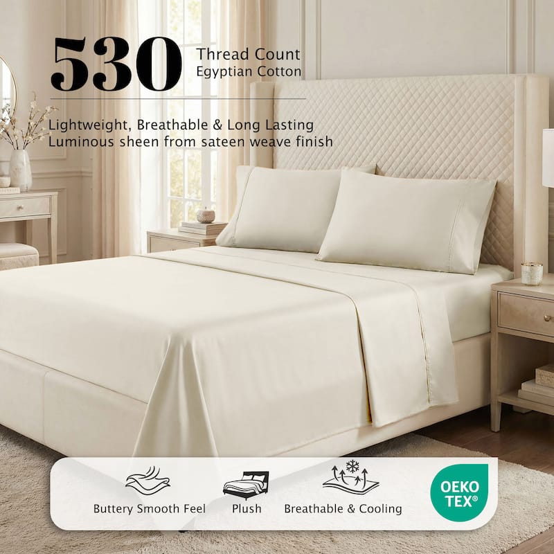 Superior Egyptian Cotton 530 TC Sheet Set Sateen Weave, Deep Pocket, Ultra‑Soft & Breathable Bedding