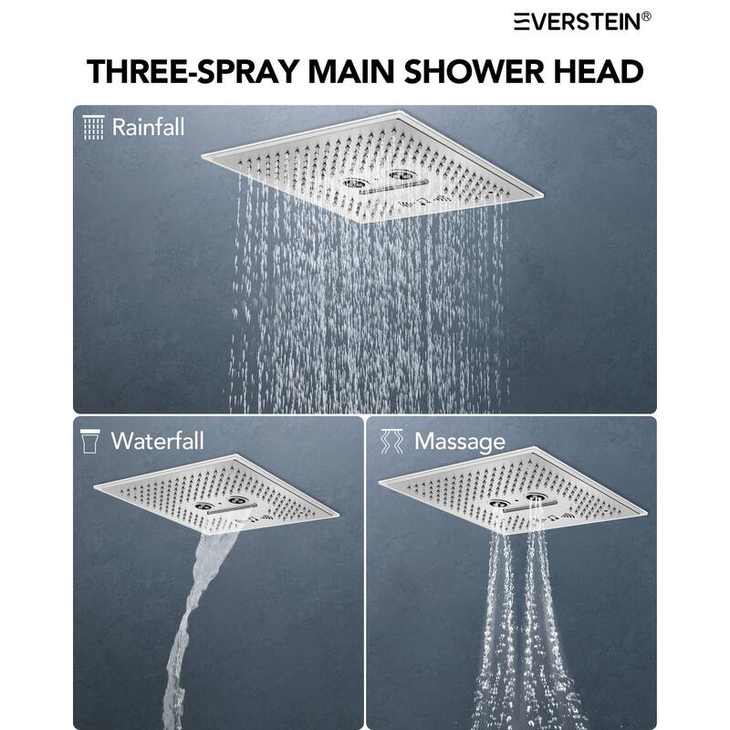 Shower Faucet Set Dual Heads with 3 Spray Modes 16" Ceiling and 6" Wall Mount Body Jets Handheld Spray LED Music
