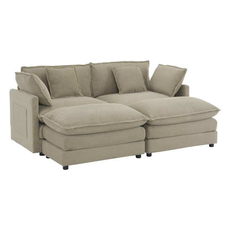 Corduroy Loveseat Set with Movable Ottoman 4 Seater Corner Sofa, Upholstered Deep-seat Couch wCushions and 4 Pillows