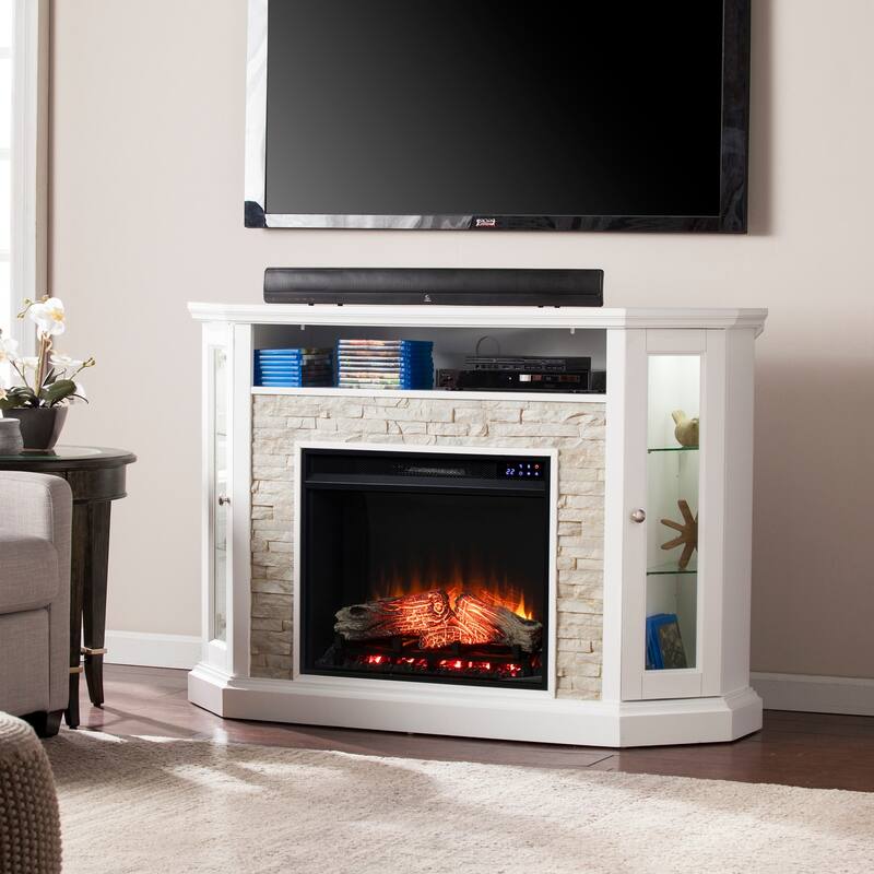 52 in. Freestanding Wooden Smart Electric Fireplace TV Stand in White ideal for a realistic flame experience,