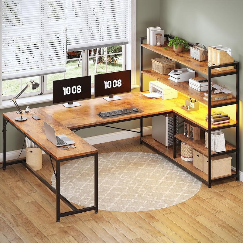L Shaped Desk Gaming Desk 3 Fabric Drawers 5 Storage Shelves - Storage Shelves Brown