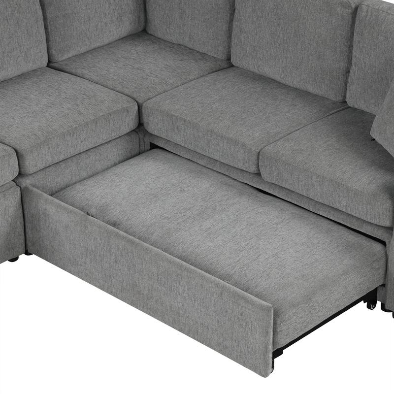 107.1" Convertible Sofa Bed, Gray, Chenille for Living Room with USB, Cup Holders & Pillows