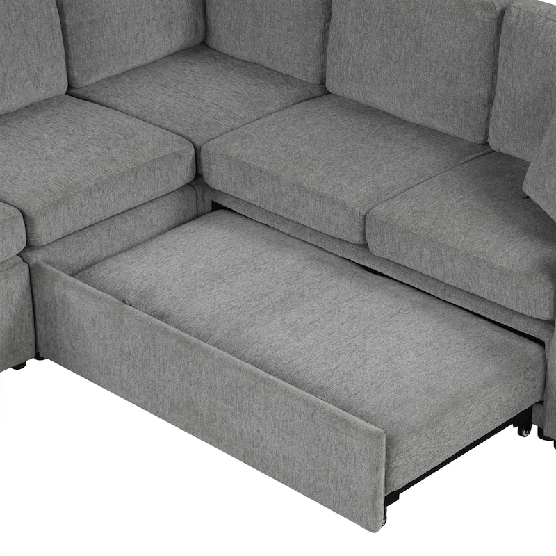 109.1" Chenille Modular Sectional Sofa Bed with Storage Ottoman and USB Ports - L/U-Shaped Convertible Design