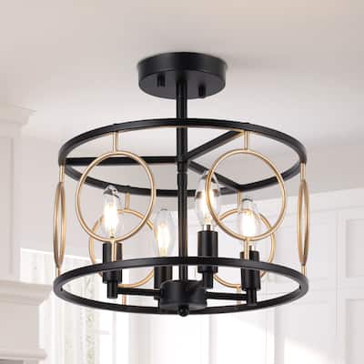 Zenith Modern Farmhouse 4-Light Drum Semi-flush Mount Black Gold Metal Lantern Foyer Kitchen Lights - D 13" x H 13.5"
