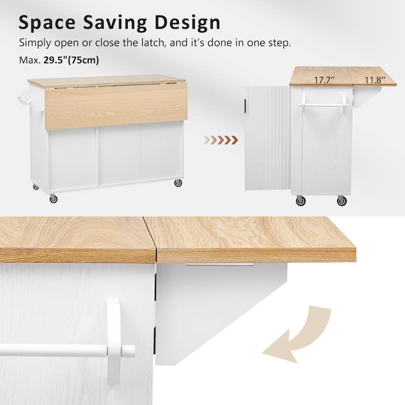 Anmytek 51" Fluted Rolling Kitchen Island with Drop Leaf & Storage, White Ash Farmhouse Cart with Towel Rack