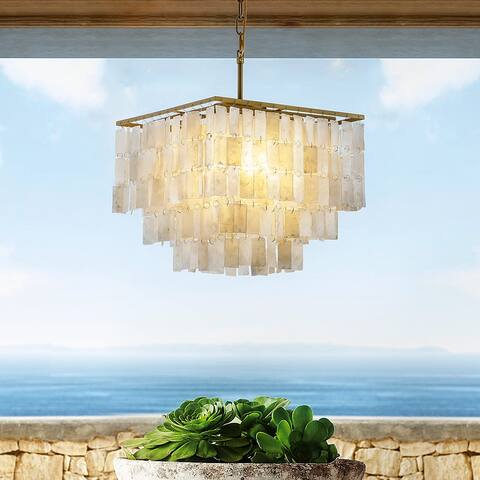 3-Light Coastal Natural Capiz Shell Tiered Chandelier With Square Antique Gold Frame - W:15.8"