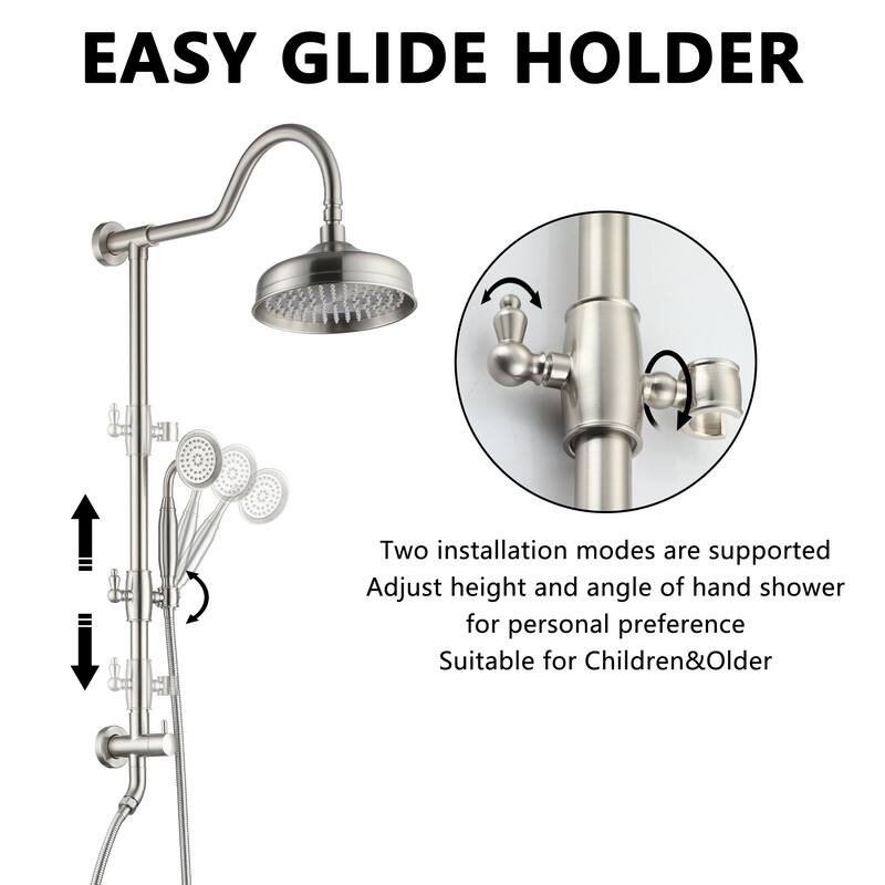 CASAINC Exposed Pipe Shower System with 8-In Rainfall Shower Head and Handheld Shower