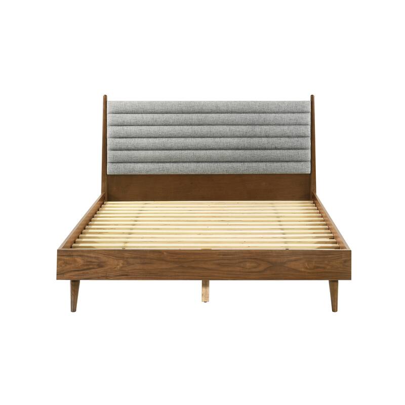 Artemio Black or Walnut Wood Queen Platform Bed Frame with Grey Upholstered Headboard