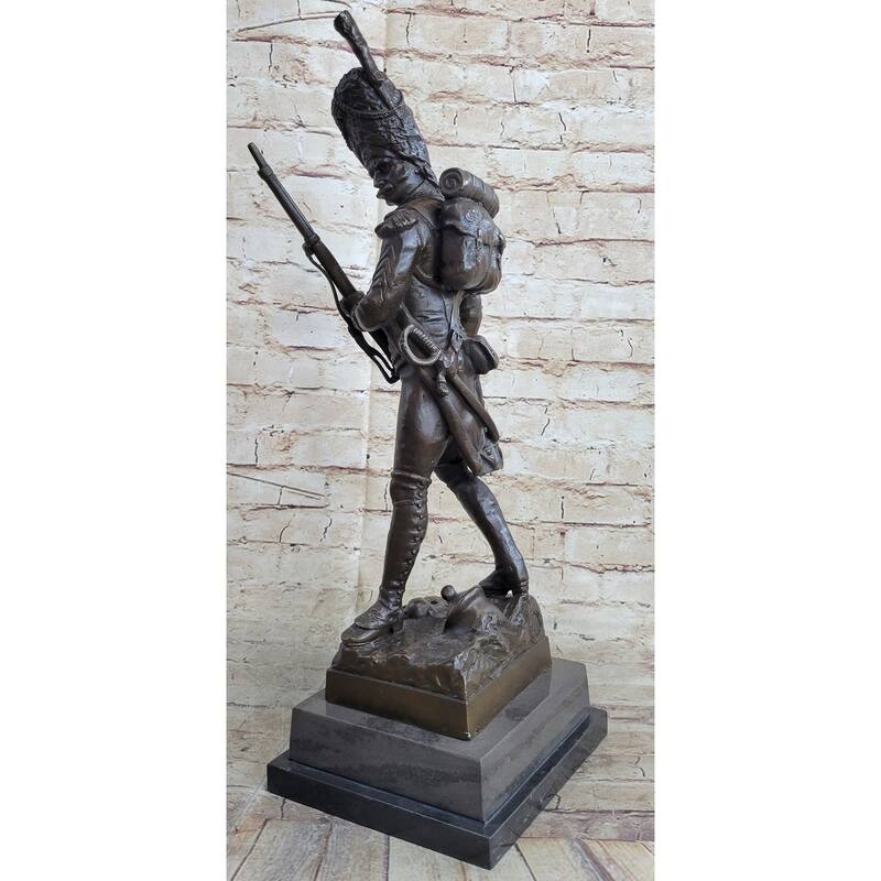 19Th Century European Soldier W/ Rifle In Bearskin Hat Bronze Metal Statue Sculpture