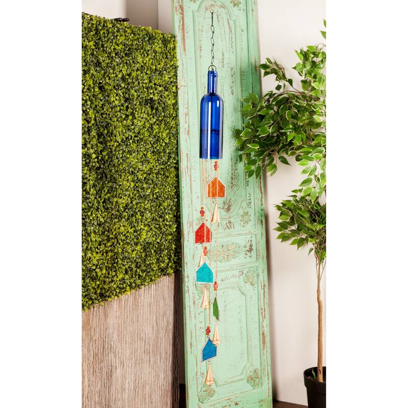 Blue Glass Bottle Windchime with Beads and Cone Bells - 3 x 3 x 41