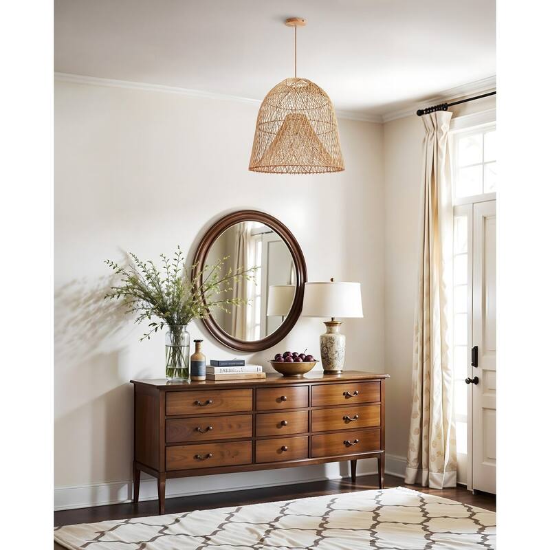 Santa Barbara Rattan Pendant Light - Natural Dome 1-Light Handwoven Light Fixture For Modern, Coastal, Farmhouse Room Décor.