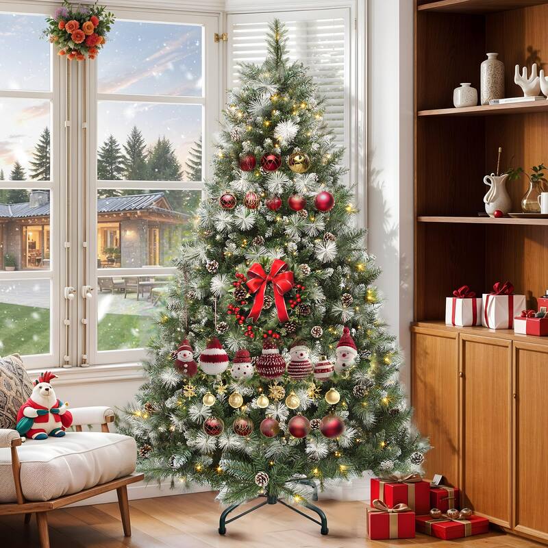 4.5/6ft Prelit & Pre-Decorated Scotch Pine Christmas Tree with Remote Control, Frosted Christmas Tree with Pine-Cones & Needles - 6 Foot/4.5 Foot